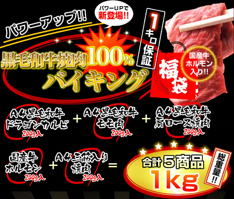 黒毛和牛のセット!1kg保証焼肉福袋