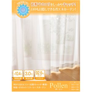 外から見えにくい！花粉キャッチ・断熱・保温・UVカットミラーレースカーテン 【Pollen】 ポーレン 幅100×176cm（2枚組） ホワイト