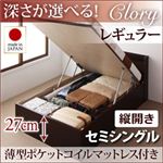 開閉タイプ＆深さが選べるコンセント付きガス圧式跳ね上げ収納ベッド【Clory】クローリー・レギュラーセミシングル【縦開き】薄型ポケットコイルマットレス付き ナチュラル