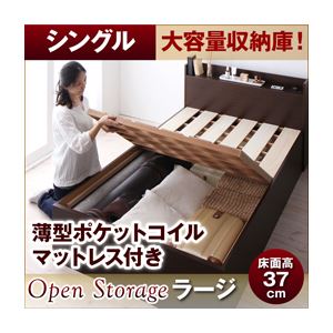 すのこベッド シングル【Open Storage】【薄型ポケットコイルマットレス付き】 ホワイト シンプルデザイン大容量収納庫付きすのこベッド【Open Storage】オープンストレージ・ラージ - 拡大画像