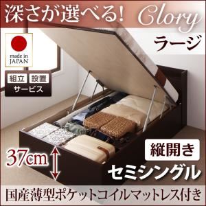 【組立設置】収納ベッド セミシングル・ラージ【縦開き】【Clory】【国産薄型ポケットコイルマットレス付】ナチュラル 国産跳ね上げ収納ベッド【Clory】クローリー