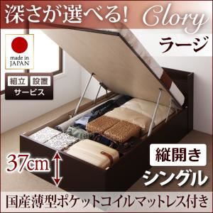 【組立設置】収納ベッド シングル・ラージ【縦開き】【Clory】【国産薄型ポケットコイルマットレス付】ダークブラウン 国産跳ね上げ収納ベッド【Clory】クローリー