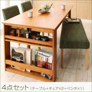 ダイニングセット 4点セット(テーブル+チェア2脚+ベンチ1脚) 幅120-180cm チェアカラー：ダークグリーン2脚 ベンチカラー：ダークグリーン 3段階伸縮 収納ラック付き エクステンションダイニング Delight ディライト