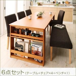 ダイニングセット 6点セット(テーブル+チェア4脚+ベンチ1脚) 幅120-180cm チェアカラー：ダークグリーン4脚 ベンチカラー：ダークグリーン 3段階伸縮 収納ラック付き エクステンションダイニング Delight ディライト