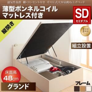 【組立設置費込】収納ベッド セミダブル・グランド【縦開き】【薄型ボンネルコイルマットレス付き】フレームカラー：ナチュラル 通気性抜群 棚コンセント付 大容量跳ね上げベッド Prostor プロストル