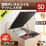 【組立設置費込】収納ベッド セミダブル・グランド【縦開き】【薄型ボンネルコイルマットレス付き】フレームカラー：ナチュラル 通気性抜群 棚コンセント付 大容量跳ね上げベッド Prostor プロストル