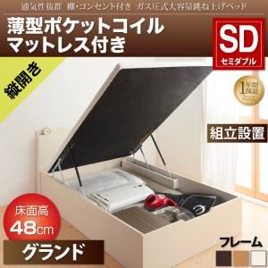 【組立設置費込】収納ベッド セミダブル・グランド【縦開き】【薄型ポケットコイルマットレス付き】フレームカラー：ナチュラル 通気性抜群 棚コンセント付 大容量跳ね上げベッド Prostor プロストル