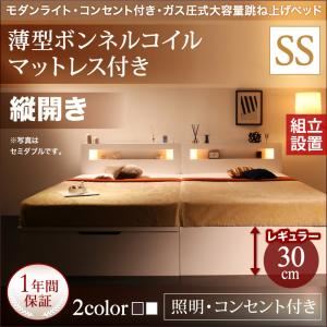 【組立設置費込】収納ベッド セミシングル・レギュラー【縦開き】【薄型ボンネルコイルマットレス付き】フレームカラー：ホワイト モダンライト・コンセント_ガス圧式大容量跳ね上げベッド Lunalight ルナライト