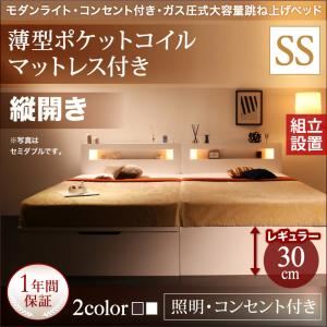 【組立設置費込】収納ベッド セミシングル・レギュラー【縦開き】【薄型ポケットコイルマットレス付き】フレームカラー：ホワイト モダンライト・コンセント_ガス圧式大容量跳ね上げベッド Lunalight ルナライト