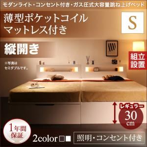 【組立設置費込】収納ベッド シングル・レギュラー【縦開き】【薄型ポケットコイルマットレス付き】フレームカラー：ホワイト モダンライト・コンセント_ガス圧式大容量跳ね上げベッド Lunalight ルナライト