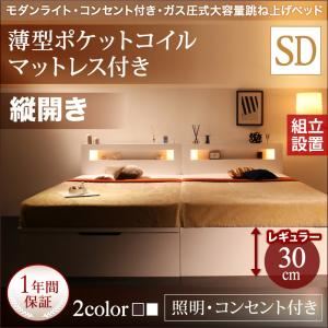 【組立設置費込】収納ベッド セミダブル・レギュラー【縦開き】【薄型ポケットコイルマットレス付き】フレームカラー：ホワイト モダンライト・コンセント_ガス圧式大容量跳ね上げベッド Lunalight ルナライト