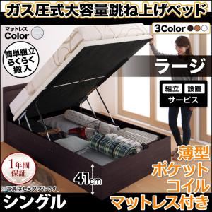 【組立設置費込】収納ベッド シングル・ラージ【縦開き】【薄型ポケットコイルマットレス付き】フレームカラー：ダークブラウン マットレスカラー：アイボリー らくらく搬入_棚・コンセント_ガス圧式跳ね上げベッド Free-Gate フリーゲート