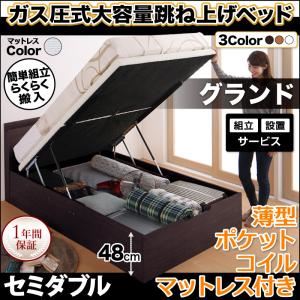 【組立設置費込】収納ベッド セミダブル・グランド【縦開き】【薄型ポケットコイルマットレス付き】フレームカラー：ダークブラウン マットレスカラー：アイボリー らくらく搬入_棚・コンセント_ガス圧式跳ね上げベッド Free-Gate フリーゲート