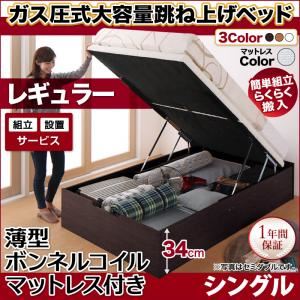 【組立設置費込】収納ベッド シングル・レギュラー【縦開き】【薄型ボンネルコイルマットレス付き】フレームカラー：ダークブラウン マットレスカラー：アイボリー 簡単組立・らくらく搬入_ガス圧式大容量跳ね上げベッド Mysel マイセル