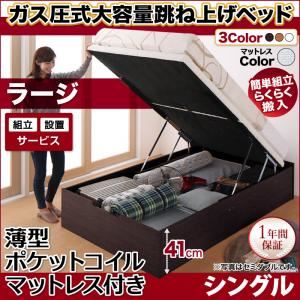 【組立設置費込】収納ベッド シングル・ラージ【縦開き】【薄型ポケットコイルマットレス付き】フレームカラー：ダークブラウン マットレスカラー：アイボリー 簡単組立・らくらく搬入_ガス圧式大容量跳ね上げベッド Mysel マイセル