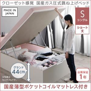 収納ベッド シングル ショート丈/深さグランド【国産薄型ポケットコイルマットレス付き】フレームカラー：ホワイト クローゼット感覚ガス圧式跳ね上げベッド aimable エマーブル