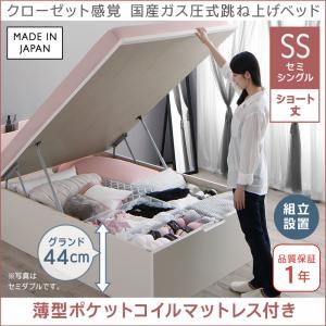 【組立設置費込】収納ベッド セミシングル ショート丈/深さグランド【薄型ポケットコイルマットレス付き】フレームカラー：ホワイト クローゼット感覚ガス圧式跳ね上げベッド aimable エマーブル