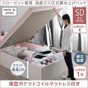 【組立設置費込】収納ベッド セミダブル レギュラー丈/深さグランド【薄型ポケットコイルマットレス付き】フレームカラー：ホワイト クローゼット感覚ガス圧式跳ね上げベッド aimable エマーブル