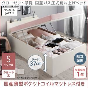 【組立設置費込】収納ベッド シングル ショート丈/深さラージ【国産薄型ポケットコイルマットレス付き】フレームカラー：ホワイト クローゼット感覚ガス圧式跳ね上げベッド aimable エマーブル