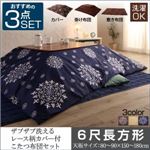 【本体別売】カバー付きこたつ布団3点セット 6尺長方形(90×180cm) カラー：ミッドナイトブルー ザブザブ洗えるレース柄カバー付き こたつ布団セット cerc セルク