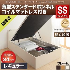 【組立設置費込】収納ベッド セミシングル 縦開き/深さレギュラー【薄型スタンダードボンネルコイルマットレス付】フレームカラー：ダークブラウン 通気性抜群 棚コンセント付 跳ね上げベッド Prostor プロストル