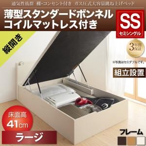 【組立設置費込】収納ベッド セミシングル 縦開き/深さラージ【薄型スタンダードボンネルコイルマットレス付】フレームカラー：ダークブラウン 通気性抜群 棚コンセント付 跳ね上げベッド Prostor プロストル