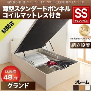 【組立設置費込】収納ベッド セミシングル 縦開き/深さグランド【薄型スタンダードボンネルコイルマットレス付】フレームカラー：ダークブラウン 通気性抜群 棚コンセント付 跳ね上げベッド Prostor プロストル