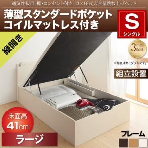 【組立設置費込】収納ベッド シングル 縦開き/深さラージ【薄型スタンダードポケットコイルマットレス付】フレームカラー：ダークブラウン 通気性抜群 棚コンセント付 跳ね上げベッド Prostor プロストル