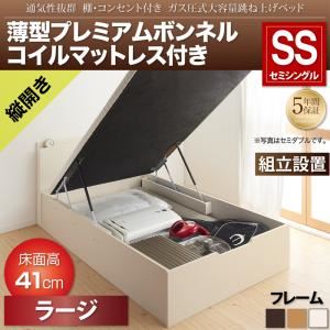 【組立設置費込】収納ベッド セミシングル 縦開き/深さラージ【薄型プレミアムボンネルコイルマットレス付】フレームカラー：ダークブラウン 通気性抜群 棚コンセント付 跳ね上げベッド Prostor プロストル