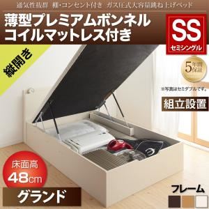 【組立設置費込】収納ベッド セミシングル 縦開き/深さグランド【薄型プレミアムボンネルコイルマットレス付】フレームカラー：ナチュラル 通気性抜群 棚コンセント付 跳ね上げベッド Prostor プロストル