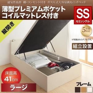 【組立設置費込】収納ベッド セミシングル 縦開き/深さラージ【薄型プレミアムポケットコイルマットレス付】フレームカラー：ダークブラウン 通気性抜群 棚コンセント付 跳ね上げベッド Prostor プロストル