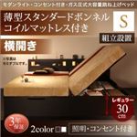 【組立設置費込】 収納ベッド シングル 横開き 深さレギュラー 【薄型スタンダードボンネルコイルマットレス付】 フレームカラー：ダークブラウン  モダンライトガス圧式跳ね上げ収納ベッド Lunalight ルナライト