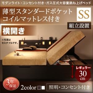 【組立設置費込】 収納ベッド セミシングル 横開き 深さレギュラー 【薄型スタンダードポケットコイルマットレス付】 フレームカラー：ダークブラウン  モダンライトガス圧式跳ね上げ収納ベッド Lunalight ルナライト