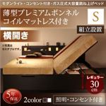 【組立設置費込】 収納ベッド シングル 横開き 深さレギュラー 【薄型プレミアムボンネルコイルマットレス付】 フレームカラー：ダークブラウン  モダンライトガス圧式跳ね上げ収納ベッド Lunalight ルナライト