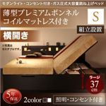 【組立設置費込】 収納ベッド シングル 横開き 深さラージ 【薄型プレミアムボンネルコイルマットレス付】 フレームカラー：ダークブラウン  モダンライトガス圧式跳ね上げ収納ベッド Lunalight ルナライト