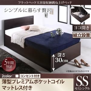 【組立設置費込】 収納ベッド セミシングル 横開き 深さレギュラー 【薄型プレミアムポケットコイルマットレス付】 フレームカラー：ダークブラウン  フラットヘッド大容量収納跳ね上げベッド Salomon サロモン