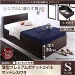 【組立設置費込】 収納ベッド シングル 横開き 深さレギュラー 【薄型プレミアムポケットコイルマットレス付】 フレームカラー：ダークブラウン  フラットヘッド大容量収納跳ね上げベッド Salomon サロモン