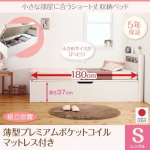 【組立設置費込】 収納ベッド シングル 深さラージ/ショート丈 【薄型プレミアムポケットコイルマットレス付】 フレームカラー：ホワイト 組立設置 小さな部屋に合うショート丈収納ベッド Odette オデット