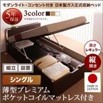 【組立設置費込】 収納ベッド シングル 縦開き 深さレギュラー 【薄型プレミアムポケットコイルマットレス付】 フレームカラー：ダークブラウン 開閉タイプが選べるガス圧式跳ね上げ収納ベッド 夕月 ユフヅキ