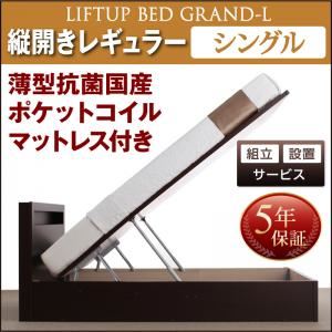 【組立設置費込】 収納ベッド シングル 縦開き 深さレギュラー 【薄型抗菌国産ポケットコイルマットレス付】 フレームカラー：ホワイト 開閉タイプが選べる跳ね上げ収納ベッド Grand L グランド・エル