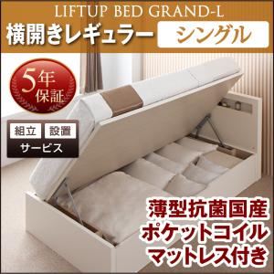 【組立設置費込】 収納ベッド シングル 横開き 深さレギュラー 【薄型抗菌国産ポケットコイルマットレス付】 フレームカラー：ダークブラウン 開閉タイプが選べる跳ね上げ収納ベッド Grand L グランド・エル