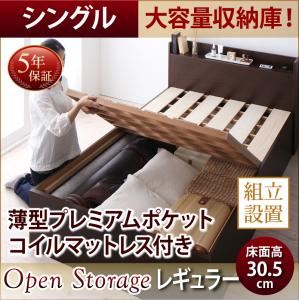 【組立設置費込】 すのこベッド シングル 深さレギュラー 【薄型プレミアムポケットコイルマットレス付】 フレームカラー：ホワイト シンプル大容量収納庫付きすのこベッド Open Storage オープンストレージ