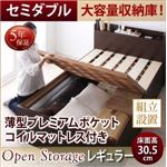 【組立設置費込】 すのこベッド セミダブル 深さレギュラー 【薄型プレミアムポケットコイルマットレス付】 フレームカラー：ダークブラウン シンプル大容量収納庫付きすのこベッド Open Storage オープンストレージ