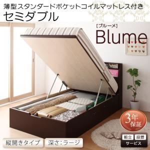 【組立設置費込】 収納ベッド セミダブル 縦開き 深さラージ 【薄型スタンダードポケットコイルマットレス付】 フレームカラー：ホワイト 開閉・深さが選べるガス圧式跳ね上げ収納ベッド Blume ブルーメ