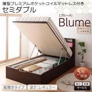 【組立設置費込】 収納ベッド セミダブル 縦開き 深さレギュラー 【薄型プレミアムポケットコイルマットレス付】 フレームカラー：ホワイト 開閉・深さが選べるガス圧式跳ね上げ収納ベッド Blume ブルーメ