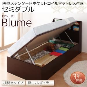 収納ベッド セミダブル 横開き 深さレギュラー 【薄型スタンダードポケットコイルマットレス付】 フレームカラー：ホワイト お客様組立 開閉・深さが選べるガス圧式跳ね上げ収納ベッド Blume ブルーメ