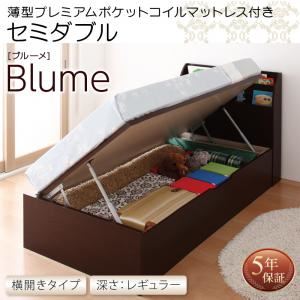 収納ベッド セミダブル 横開き 深さレギュラー 【薄型プレミアムポケットコイルマットレス付】 フレームカラー：ホワイト お客様組立 開閉・深さが選べるガス圧式跳ね上げ収納ベッド Blume ブルーメ