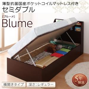 収納ベッド セミダブル 横開き 深さレギュラー 【薄型抗菌国産ポケットコイルマットレス付】 フレームカラー：ホワイト お客様組立 開閉・深さが選べるガス圧式跳ね上げ収納ベッド Blume ブルーメ