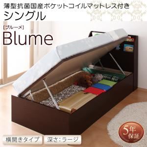 収納ベッド シングル 横開き 深さラージ 【薄型抗菌国産ポケットコイルマットレス付】 フレームカラー：ホワイト お客様組立 開閉・深さが選べるガス圧式跳ね上げ収納ベッド Blume ブルーメ