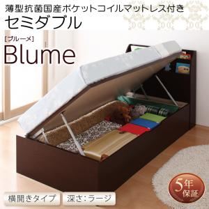 収納ベッド セミダブル 横開き 深さラージ 【薄型抗菌国産ポケットコイルマットレス付】 フレームカラー：ホワイト お客様組立 開閉・深さが選べるガス圧式跳ね上げ収納ベッド Blume ブルーメ